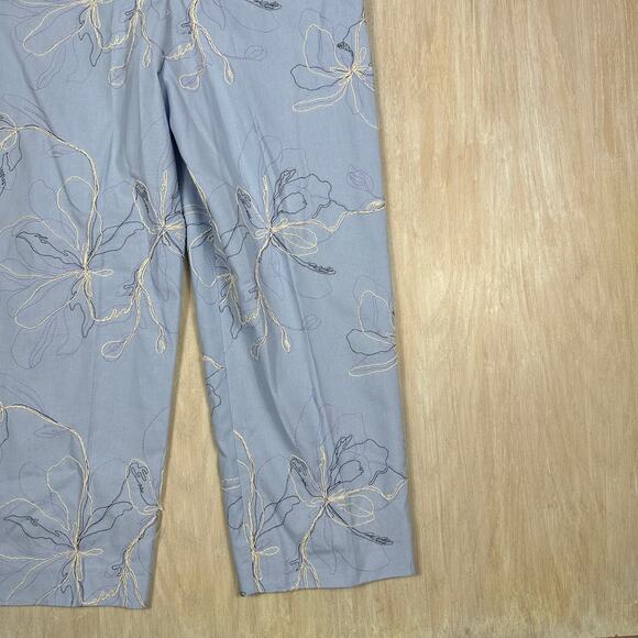 Zara Blue Floral Embroidered High Waist Elegant Chic Linen Blend Pants Medium - Picture 3 of 13